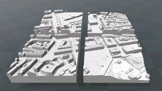 4 Kacheln eines 3D Stadtmodells für den 3D Druck